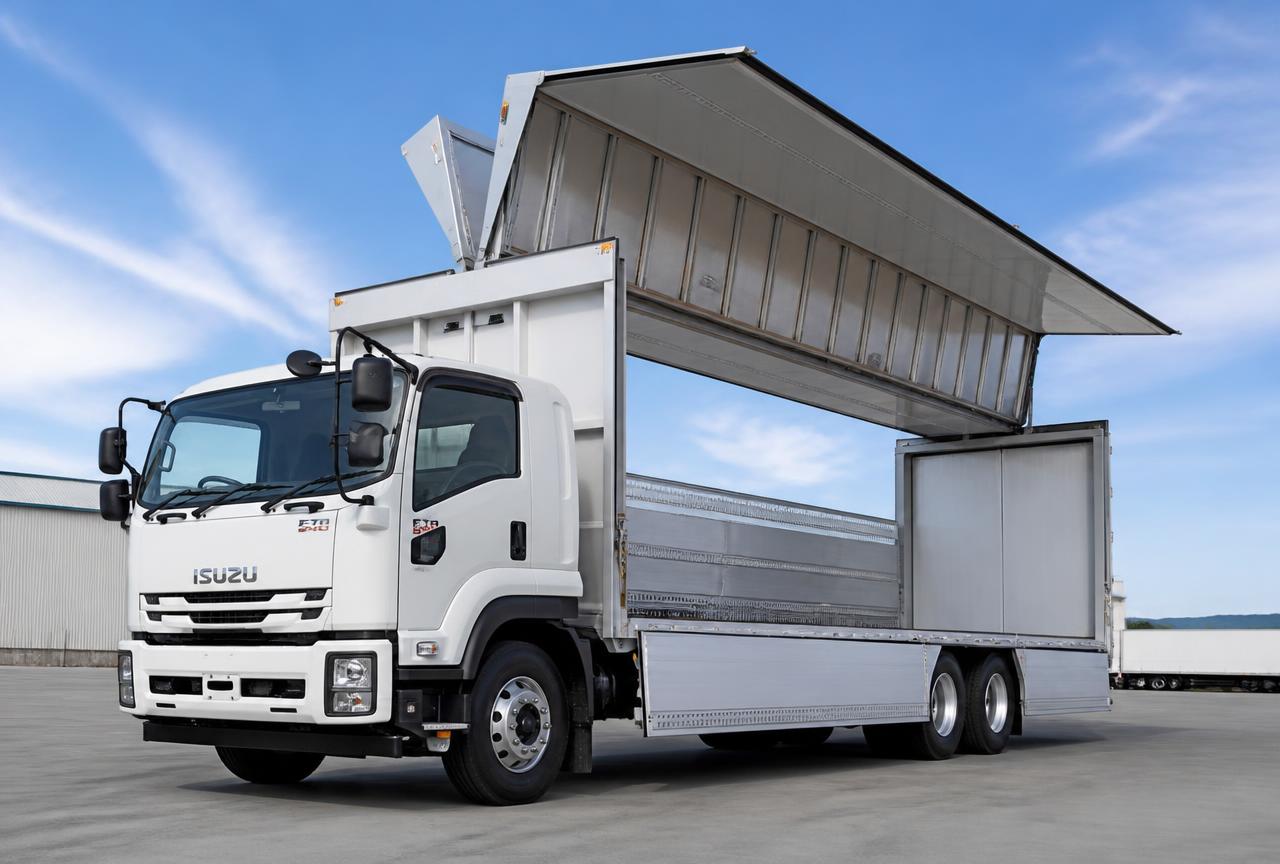 White wing van cargo truck with side panels raised open