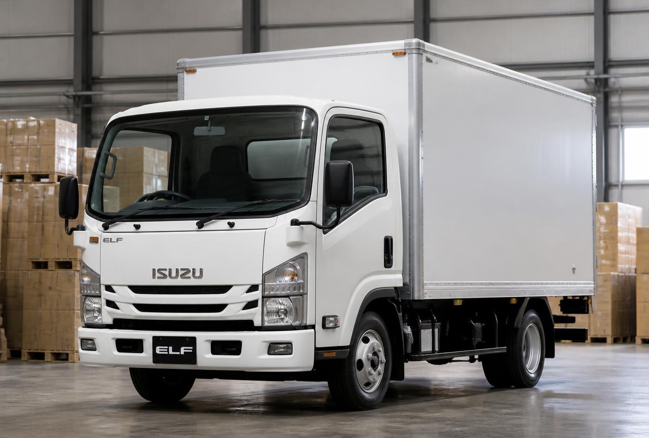 White Isuzu Elf closed van delivery truck at a warehouse