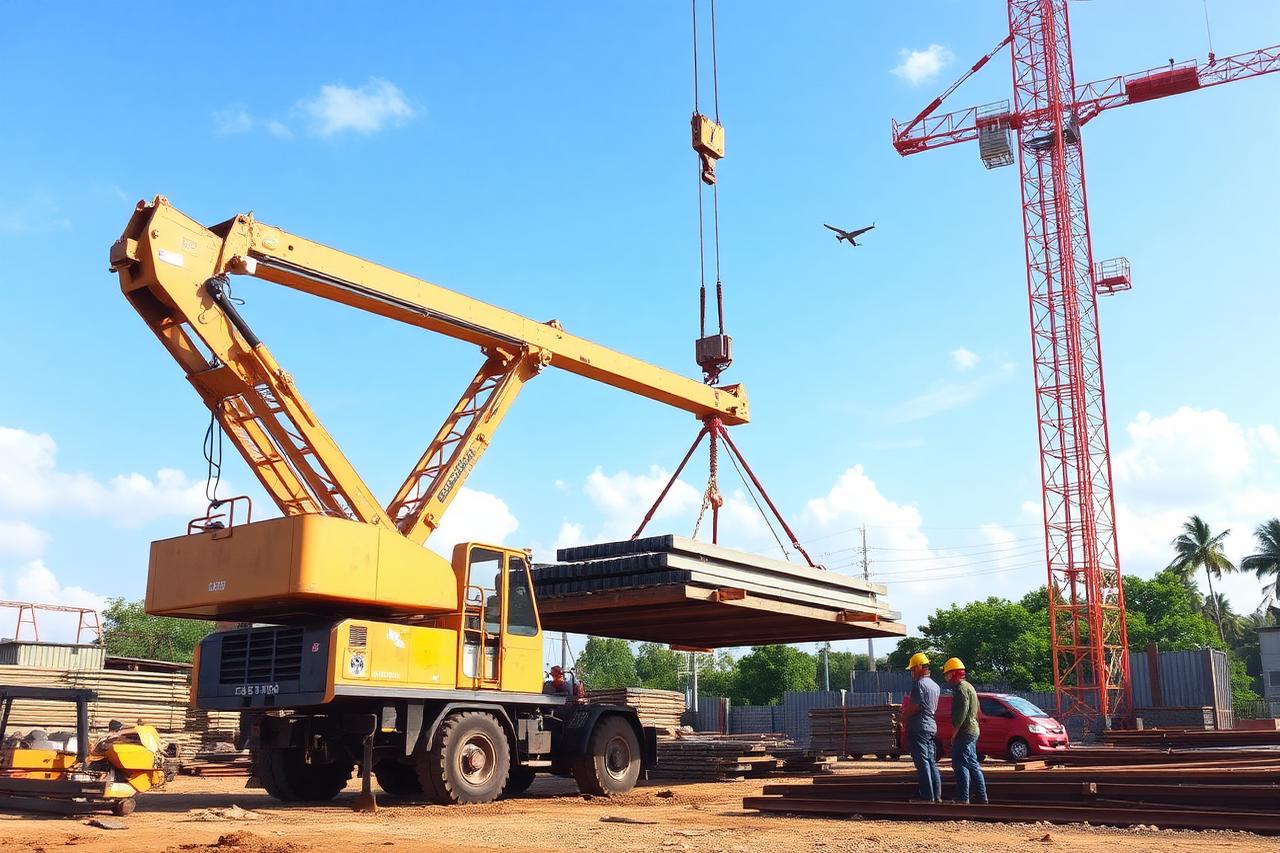 Mobile crane lifting steel materials at a construction site
