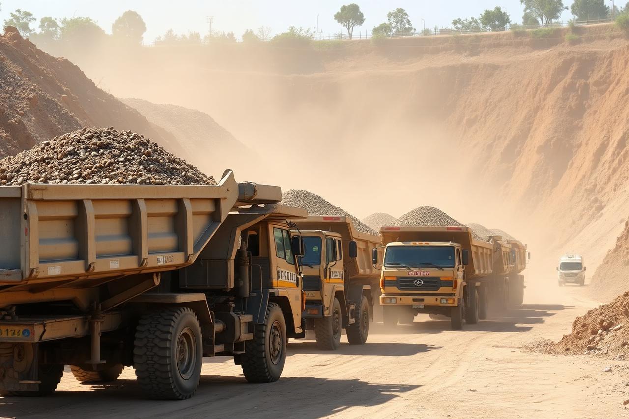 Dump trucks hauling aggregates at an embankment project site