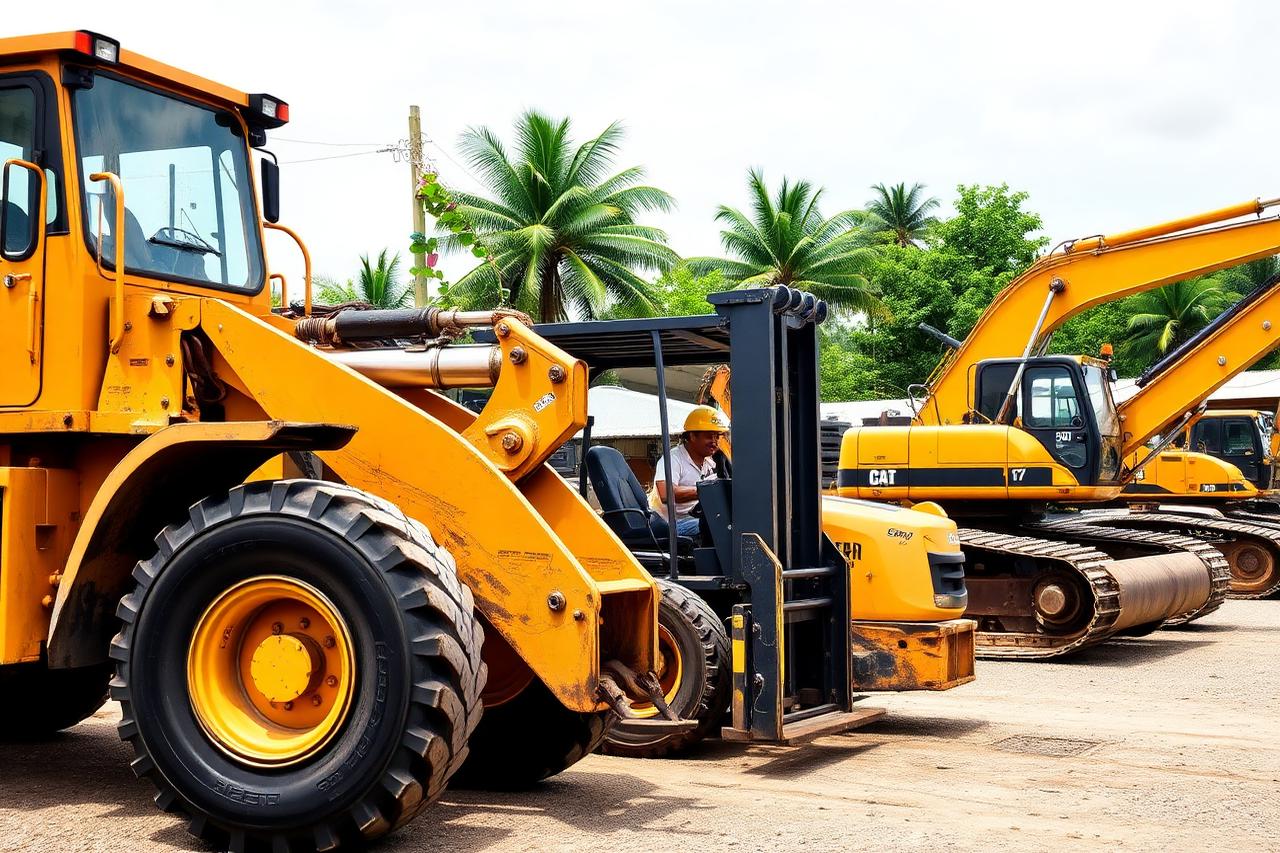 Wheel loader, forklift and excavator at an equipment yard